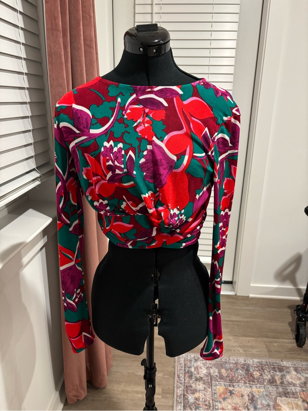 Bar III Red, Green & Purple Floral Twist-Front Long Sleeve Top